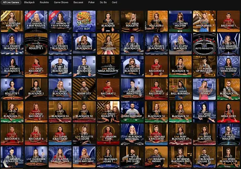 Capture d'écran de la section des croupiers en direct du Gaming Club