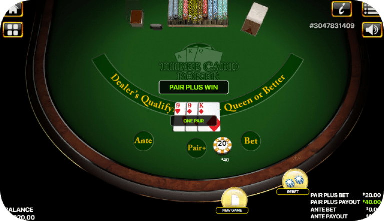 Playing table game three card poker