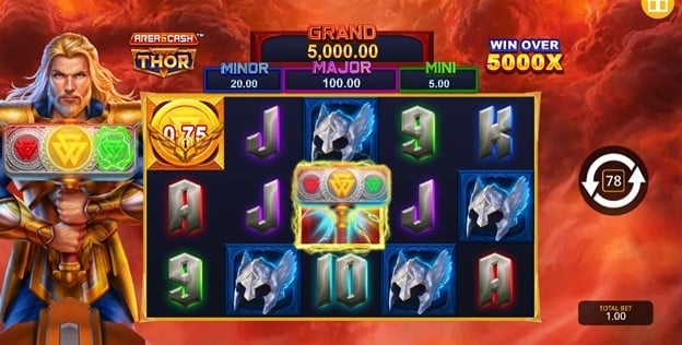 Je joue à la machine à sous vidéo Area Cash Thor en mode démo, capture d'écran