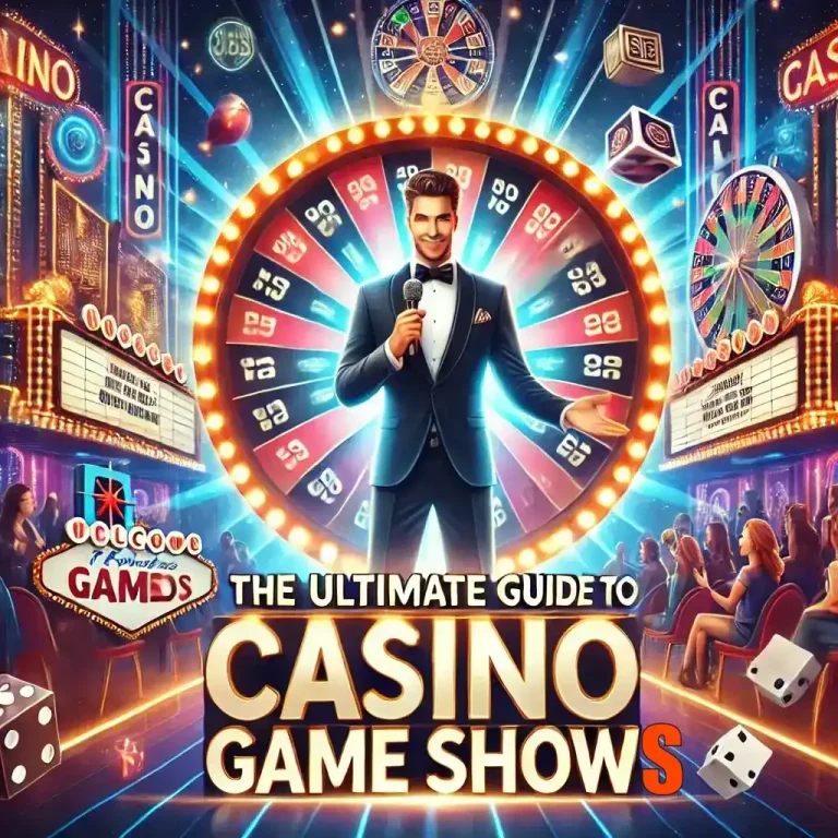 Les meilleurs jeux d'argent de casino, mettant en scène une scène de jeu avec des lumières vives, une roue de prix tournante, un animateur de jeu dynamique et un public enthousiaste. Le design comprend des éléments de casino comme des cartes, des dés et une roue de roulette, avec une atmosphère éclairée au néon représentant le frisson des jeux de casino en direct.