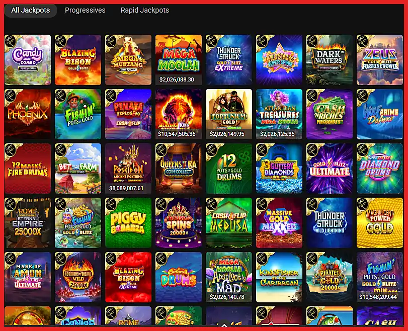 Screenshot of all jackpot slots at Spins casino