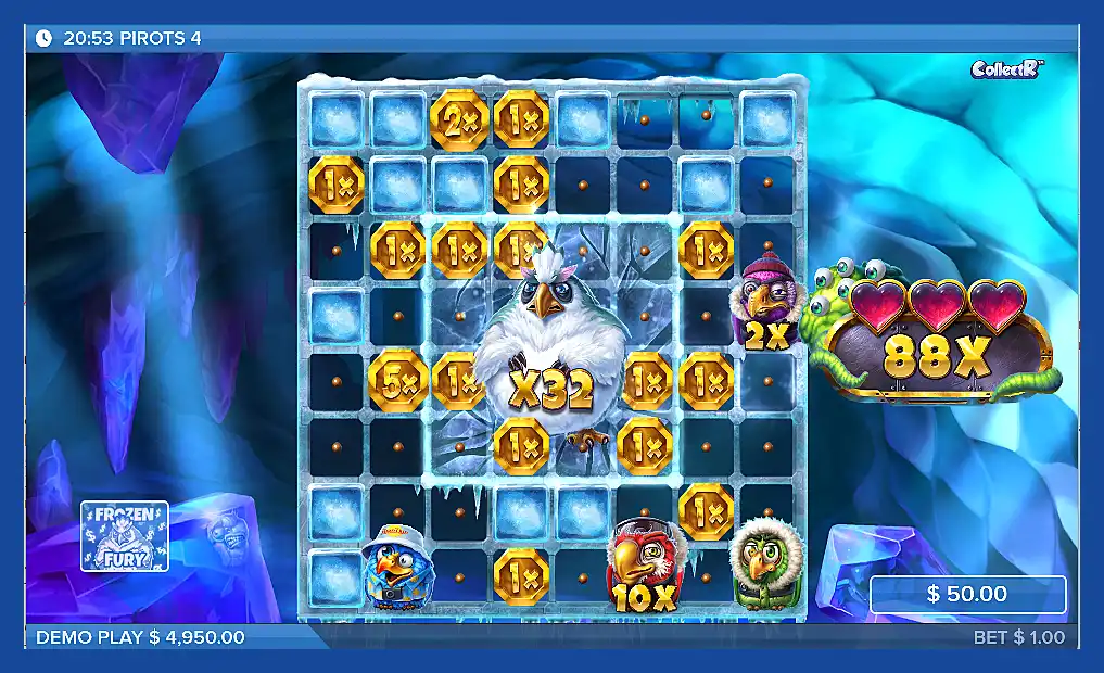Screenshot of playing Pirots 4 slot machine bonus game Frozen Fury coin