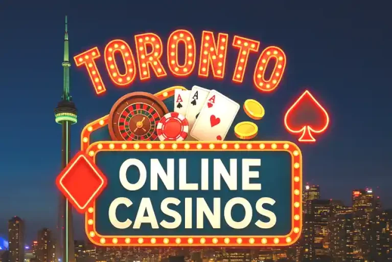 Toronto skyline with the CN Tower at night and a bright Vegas-style marquee sign reading ‘Toronto Online Casinos,’ surrounded by cards, roulette wheel, and casino chip