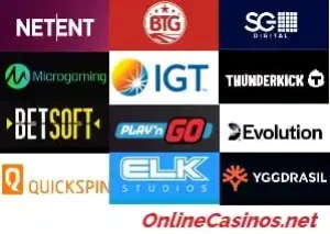 Gaming Providers icon showing logos from Netent, BTG, Mircrogaming, IGT, Thunderkick, Evolution, Elk Studios, Betsoft, Yggdrasil, Quickspin, Play N Go