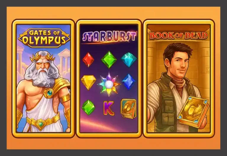 Gates of Olympus, Starburst, and Book of Dead slot machines illustrated in a colorful Vegas-style design.
