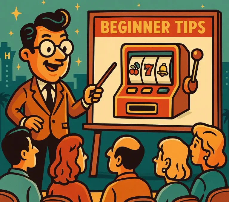Cartoon Vegas-style image of a teacher explaining slot machine basics to beginners.