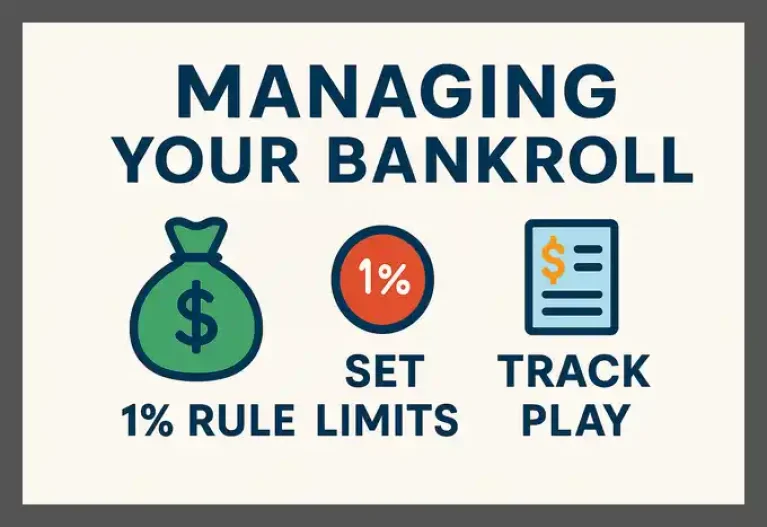 Managing your bankroll infographic showing 1% rule, set limits, and track play tips for slot players.