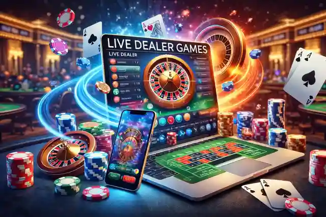Jeux de casino avec croupier en direct présentés sur un ordinateur portable et un smartphone avec roulette et jetons de casino