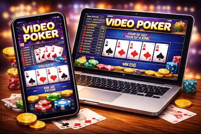 Jeu de poker vidéo affiché sur un smartphone et un ordinateur portable