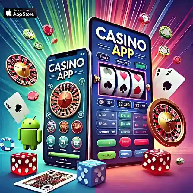 Showing smartphone with a casino app, a tablet with a slot machine, and Android and iOS icon on image