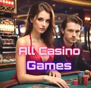 Femme et homme à une table de casino représentant tous les jeux de casino tels que le blackjack, la roulette et les machines à sous.