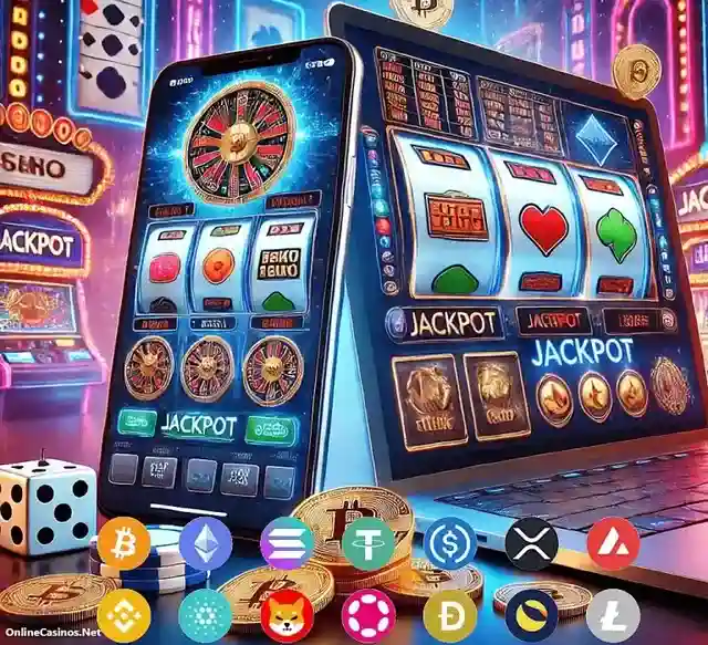 Montrant un casino de crypto-monnaies sur un smartphone et un ordinateur portable, ainsi que des logos de crypto-monnaies.