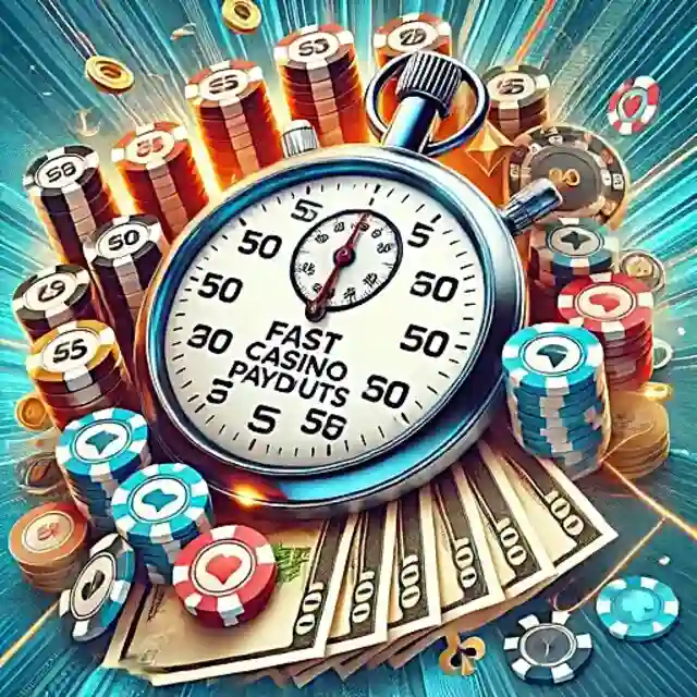 Chronomètre symbolisant les paiements rapides au casino avec des jetons, des pièces et de l'argent liquide.