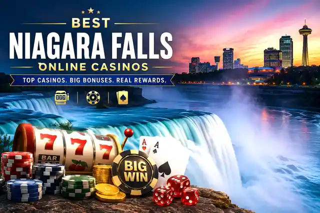 Best Niagara Falls online casinos banner with Niagara Falls skyline, casino chips, slot machine and playing cards
