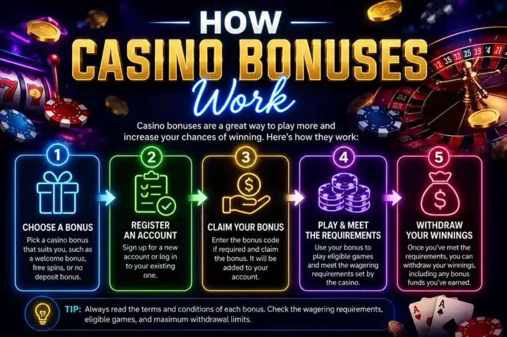 Infographie expliquant le fonctionnement des bonus de casino, y compris le choix d'un bonus, sa réclamation, la satisfaction des exigences de mise et le retrait des gains.